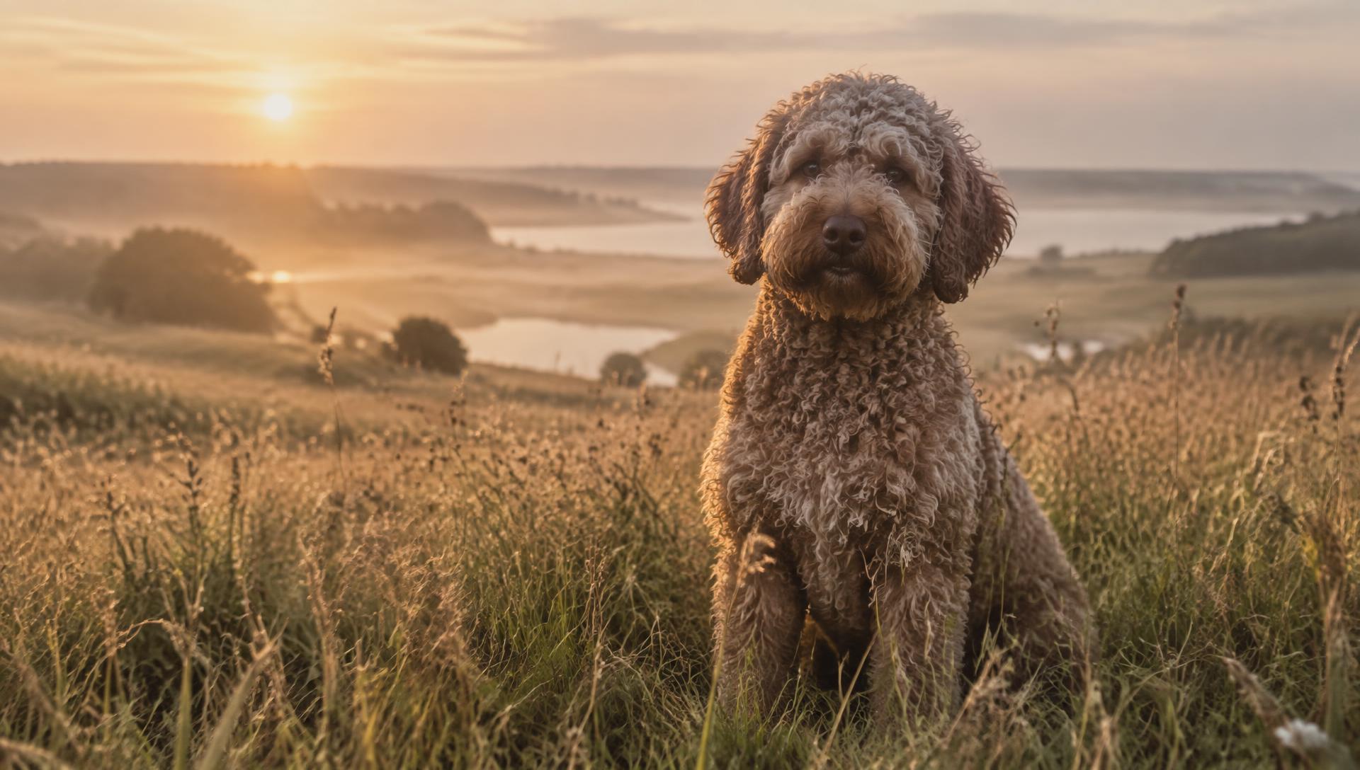Lagotto Romagnolo i morgenlys i dansk landskab