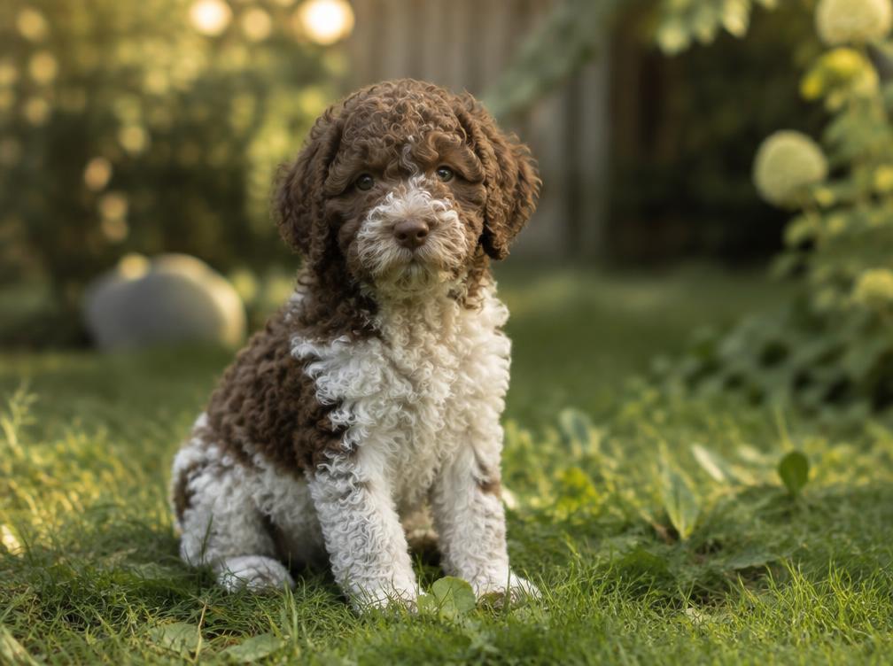 Lagotto Romagnolo hvalp siddende i græs i haven